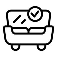 Minimalist black and white approved sofa concept icon with check mark. Line art vector