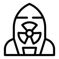 Simple line drawing of a cartoonstyled rocket with a nuclear symbol, in black and white vector