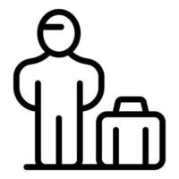 Minimalist line icon of a person standing next to a suitcase, symbolizing travel and tourism vector