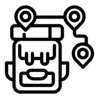 Line art icon of a backpack with map location pins, symbolizing travel and exploration vector