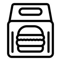 Black line icon of a burger takeout container, representing fast food and delivery vector
