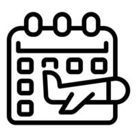 Black and white outline of a calendar icon with airplane symbol, representing travel planning vector