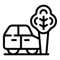 Black line icon of a car and tree, symbolizing sustainable travel and environmental awareness vector