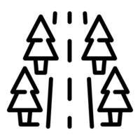 Black and white line art icon of a road leading through a forest with stylized trees vector