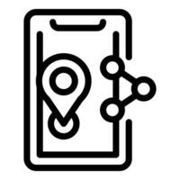 Black and white line art icon of a mobile phone with map and location markers vector