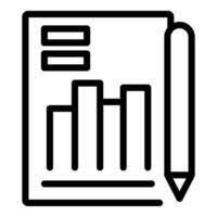 Black and white line icon of a document with bar graph and pen, symbolizing report analysis vector