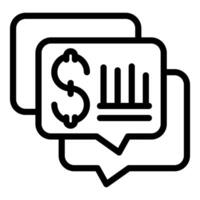 Black and white icon depicting a chat bubble with financial graph and dollar sign vector