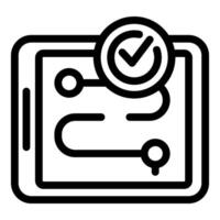 Black outline icon of a project task route with a checkmark, depicting approval or completion vector