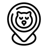 Black and white line art icon representing a map pin with a pet face, suitable for gps and location services vector