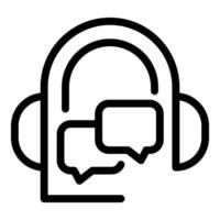 Black line icon of headphones with a chat bubble, isolated on a white background vector