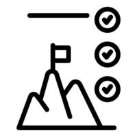 Simple black and white icon of a mountain peak with a flag and achievement checkmarks vector
