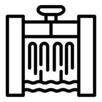 Black linear icon of a dam with water flowing through the gates vector