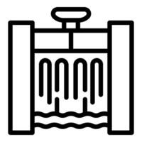 Black linear icon of a dam with water flowing through the gates vector