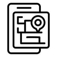 Black and white icon illustrating a smartphone with a map and location pin vector