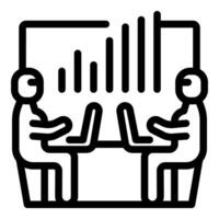 Black and white line icon depicting a business meeting with two figures and a chart vector