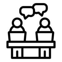 Line icon of two professionals with laptops engaging in a conversation vector