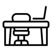 Black line icon illustrating a simple modern office desk with a chair and laptop vector