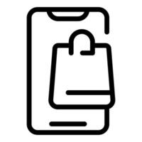 Black and white line art icon representing mobile shopping with a bag symbol vector