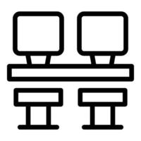 Black line icon of two computer monitors on a desk with chairs, representing office workspaces vector