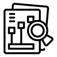 Outlined icon depicting business report and magnifying glass for analysis theme vector