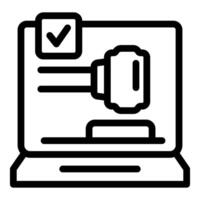 Black and white icon of a computer displaying a certified document, suitable for web use vector