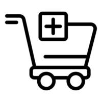 Black and white image of a shopping cart icon with a plus sign, symbolizing healthcare purchases vector