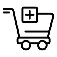 negro y blanco imagen de un compras carro icono con un más firmar, simbolizando cuidado de la salud compras vector