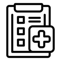 Black and white line art icon featuring a clipboard with a check list and a medical cross vector