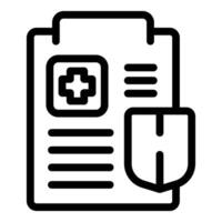 Black and white line art of a clipboard with a medical cross and a shield vector