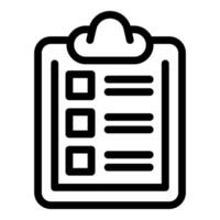 Black line icon depicting a clipboard with a checklist, suitable for web and print vector