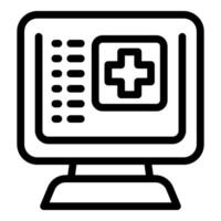 Line art illustration of a computer monitor with a health cross sign, representing online healthcare vector