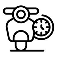 Black and white line art icon of a classic scooter with a side clock for concepts of efficiency and speed vector