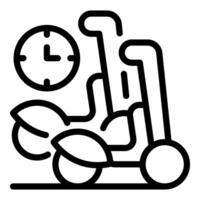 Simple black and white line icon of an exercise bike with clock symbol indicating workout time vector
