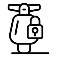 Black and white line art of a drone with a padlock, symbolizing security technology vector