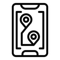 Black and white line art of a smartphone showing a gps map with location pins vector