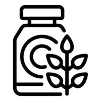 Black line icon of a supplement bottle with a natural leaf design, indicating organic health products vector