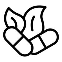 Black and white line art of a leaf merged with capsules, symbolizing natural supplements or herbal medicine vector