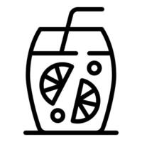 Black and white line art icon depicting a lemonade glass with a straw and lemon slices vector