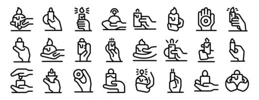 Hand holding candle icons outline set . A collection of black and white icons depicting various hand gestures vector