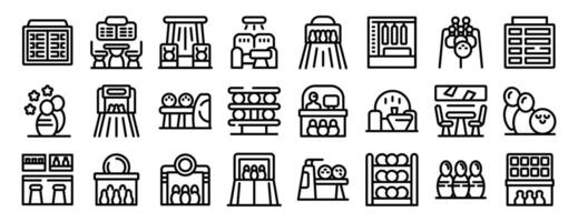 Bowling club interior icons outline set . A series of black and white icons depicting various scenes of a restaurant vector