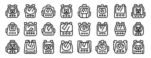 Backpack pet icons outline set . A series of cartoonish robot faces with a dog on one of them vector