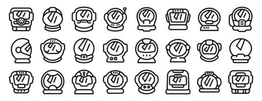Cosmonaut helmet icons outline set . A collection of black and white images of astronauts vector