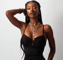 Woman in Black Bodysuit Posing for a Picture photo