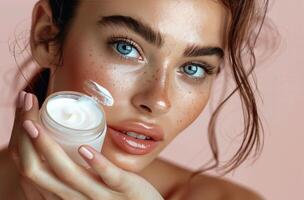 Woman Holding Jar of Cream to Face photo