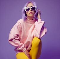 Woman With Purple Hair in Pink Sweater and Yellow Tights photo