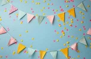Blue Background With Yellow and Pink Paper Buntings photo