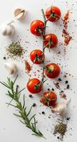Fresh Tomatoes and Garlic on White Surface photo