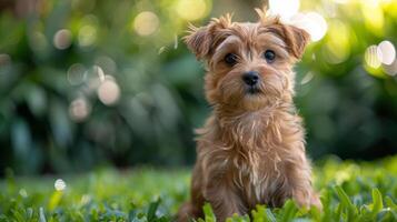 Brown Dog Sitting in Grass Looking Up photo