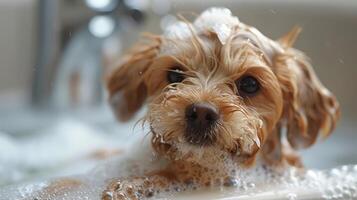Dog Taking a Bath in a Bath Tub photo