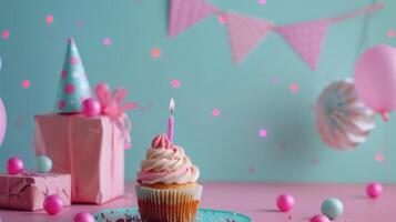 Cupcake With Lit Candle on Plate photo